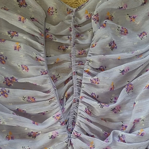 Zara Lavender Floral Print Ruched Semi-Sheer Blouse - Size S - Picture 5 of 7